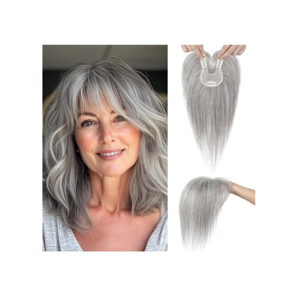 10" Light Gray Real Human Hair Topper with Bangs 360°3D Clip in Hairpiece Wig